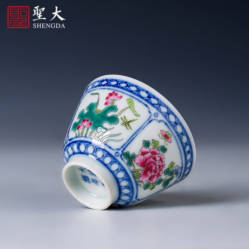 Holy big blue and white window teacups hand - made ceramic kungfu pastel spring, summer, autumn and winter masters cup of jingdezhen tea service by hand