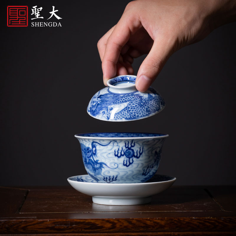 Holy big three to tureen teacups hand - made ceramic antique blue - and - white YunLongWen tea bowl full manual of jingdezhen tea service