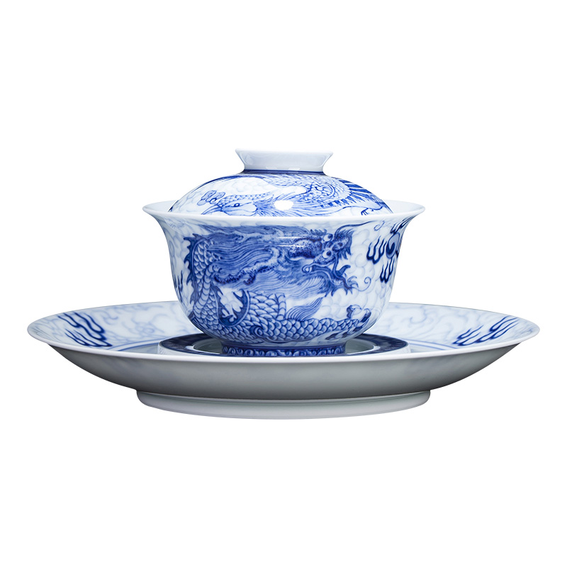 The large ceramic three tureen teacups hand - made jingdezhen blue and white longfeng tray tureen all hand kung fu tea set