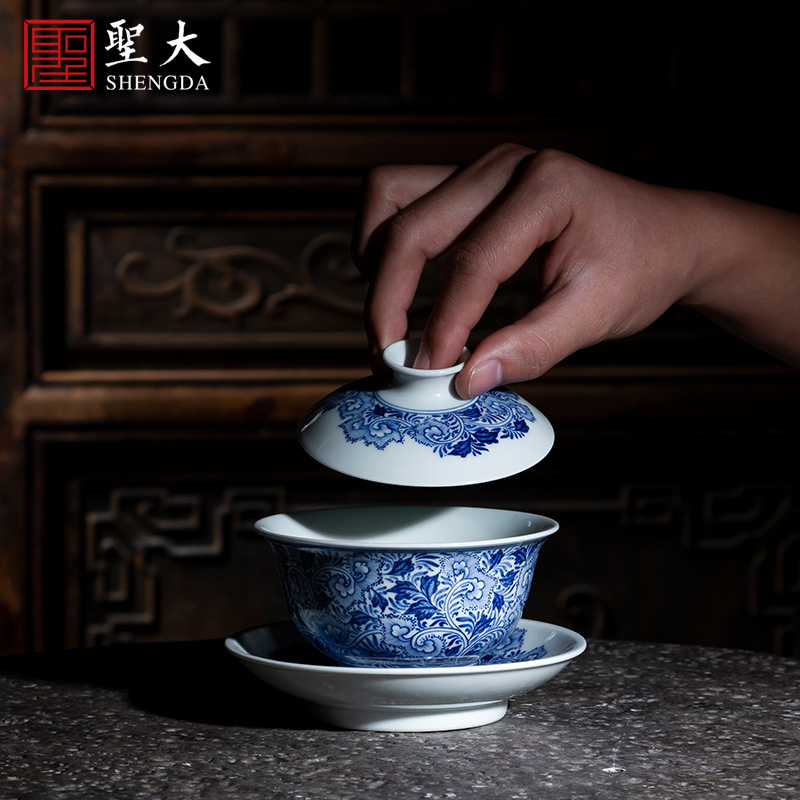 Holy big three to tureen hand - made porcelain ceramic full tang grass grain tureen tea bowl full manual of jingdezhen tea service