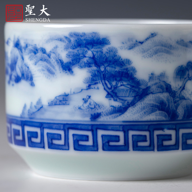St the ceramic cup kung fu master cup manual hand - made jingdezhen blue and white landscape meander straight cup tea by hand
