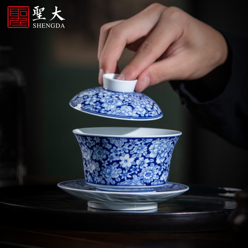 Holy big three to tureen teacups hand - made ceramic blue and blue to purple flower tureen all hand jingdezhen kung fu tea set