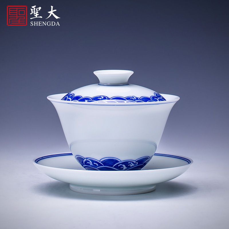 Holy big three tureen kung fu tea cup only hand - made ceramic blue sea grain tea bowl full manual of jingdezhen tea service