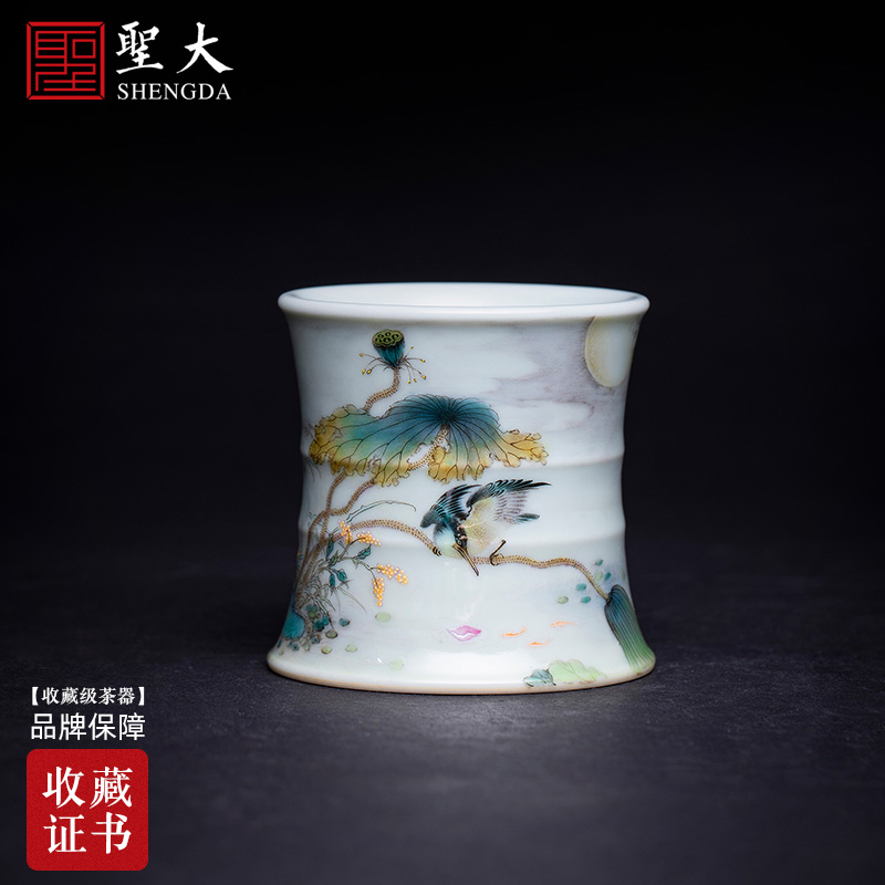 The big ceramic cover set The lotus pond, hand - made pastel kingfisher bamboo cover all hand jingdezhen kung fu tea accessories