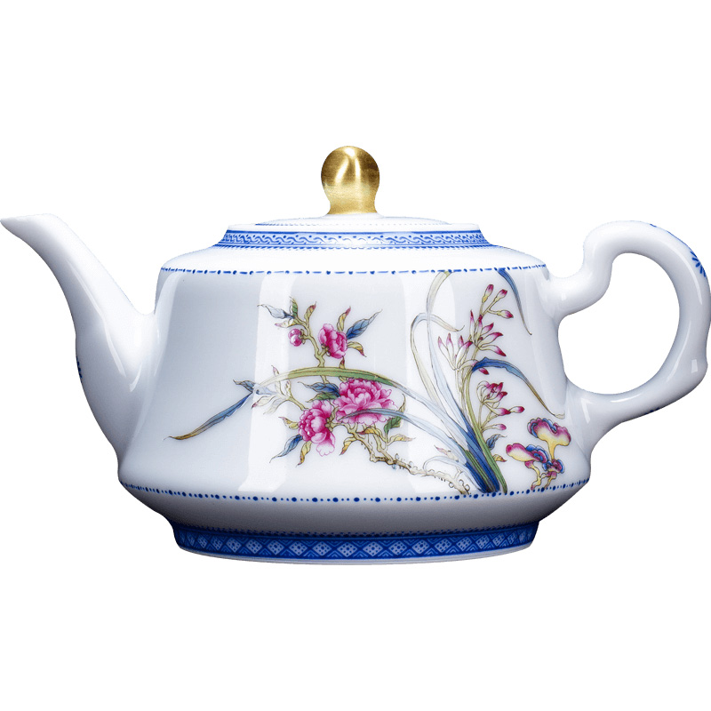 Holy big teapot hand - made ceramic kung fu colored enamel orchid peony ganoderma lucidum grain teapot single pot of jingdezhen tea service