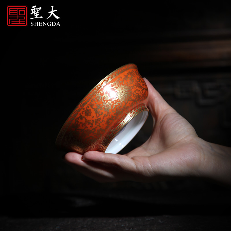 Holy big ceramic bowl with hand - made gold around coral red branch treasure grain green bowl is all hand jingdezhen bowls