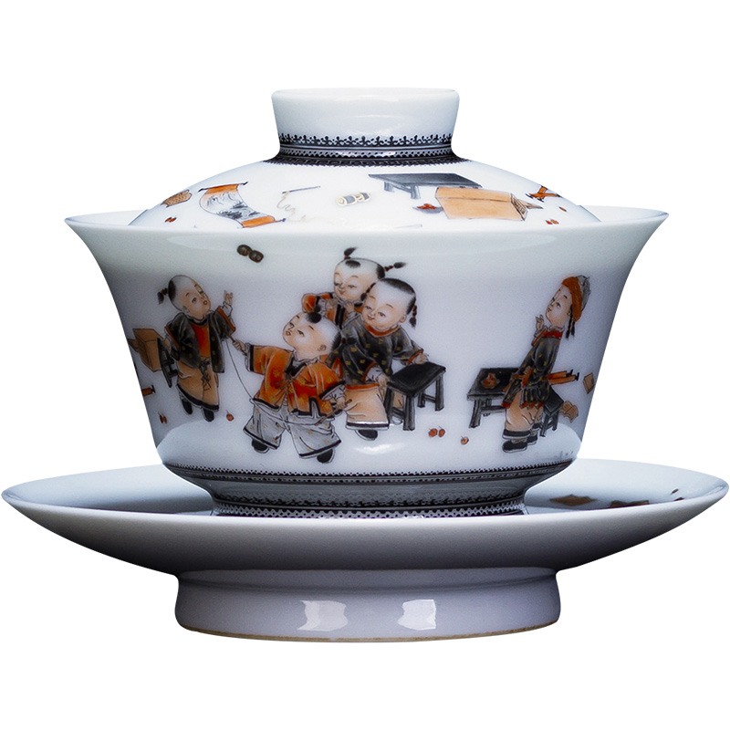 The large ceramic three tureen tea bowl of pure hand - made color ink paint abital figure tureen jingdezhen tea by hand