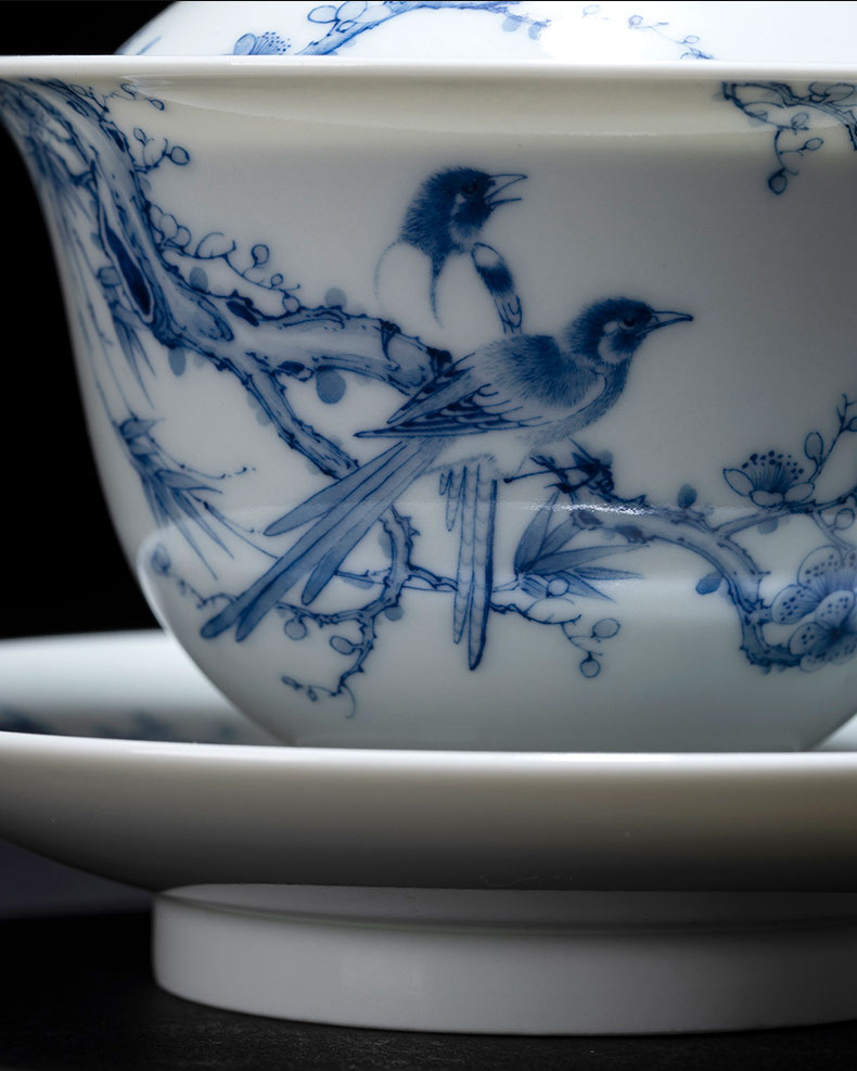 The large ceramic three tureen tea bowl hand - made beaming rock tea tureen jingdezhen blue and white tea by hand