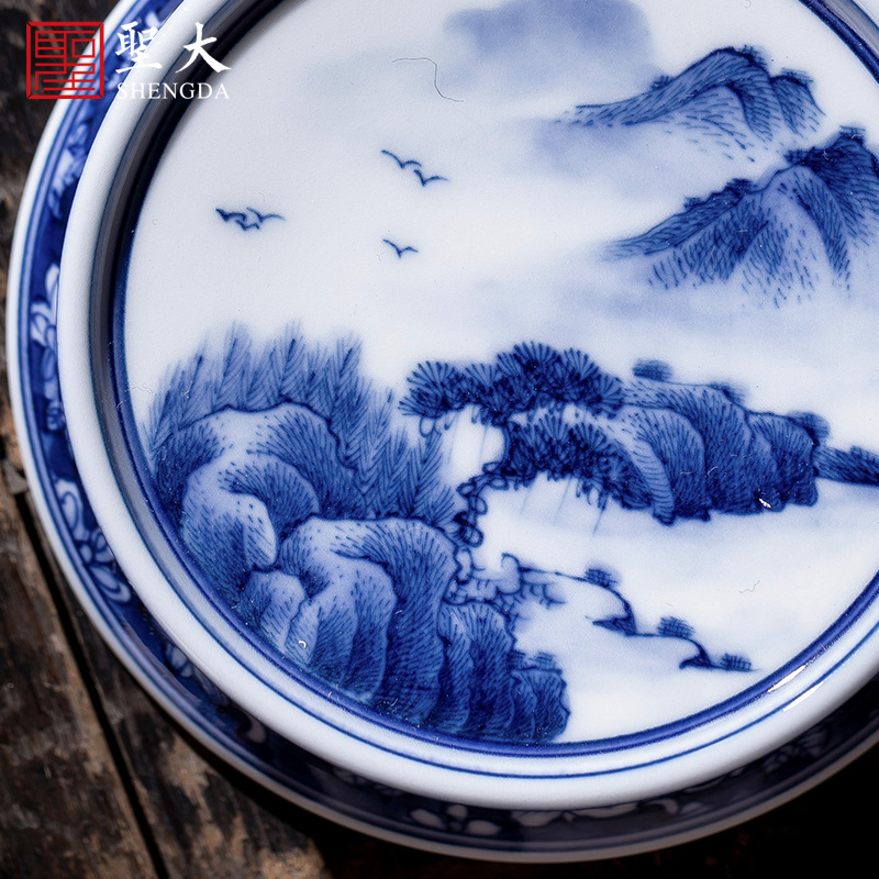 Holy big ceramic cover buy blue and white hoard of hand - made landscape cover all hand jingdezhen kung fu tea accessories cover holder frame