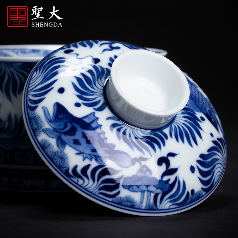 St large ceramic pure hand draw three tureen porcelain cups filled with fish and algae grain tureen pure manual of jingdezhen tea service