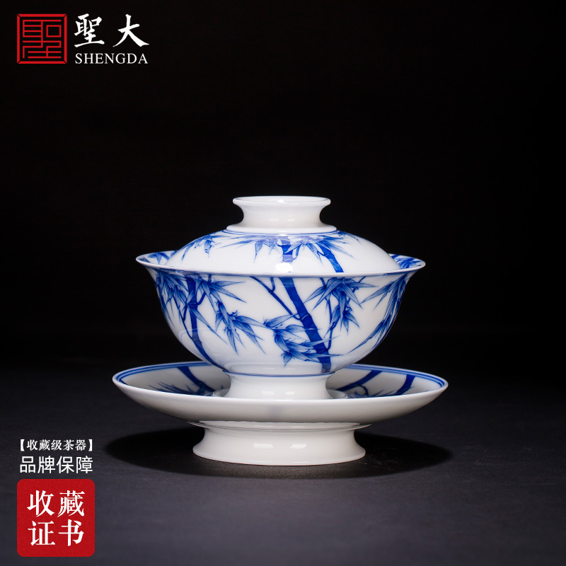 The large ceramic kung fu tea set three blue and white bamboo report peaceful tureen tureen hand - made all hand making tea bowl of tea cups