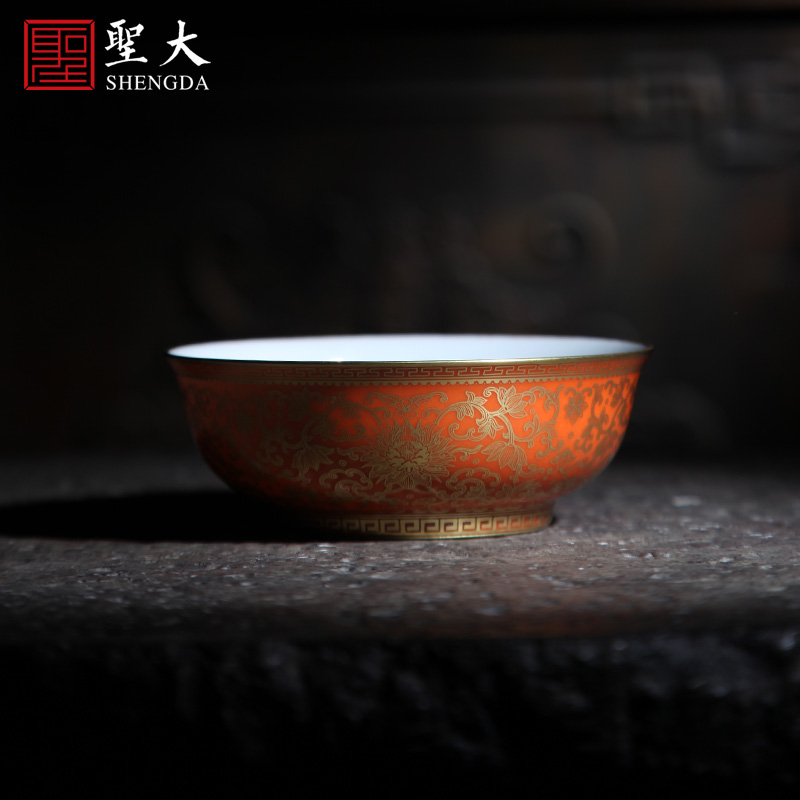 Holy big ceramic bowl with hand - made gold around coral red branch treasure grain green bowl is all hand jingdezhen bowls