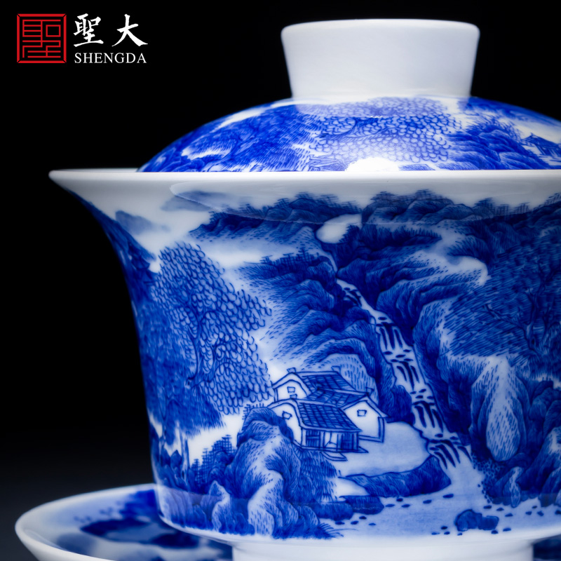 Holy big three to tureen hand - made porcelain ceramic full work "the pine creek recluse" tureen all hand of jingdezhen tea service