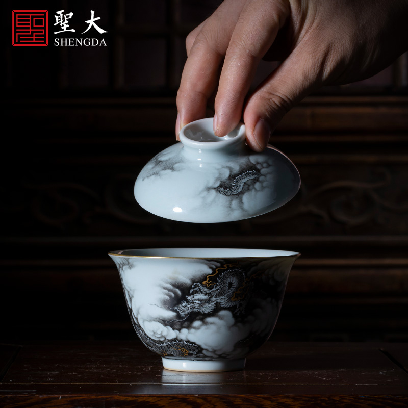 St large ceramic three tureen hand - made color ink paint hidden dragon no riding tureen tea bowl of jingdezhen tea service by hand