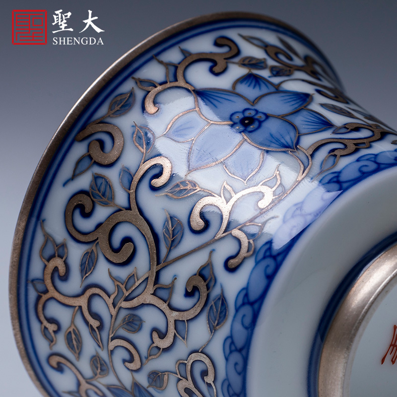 Blue and white trace silver Santa teacups hand - made ceramic kung fu put lotus flower cup sample tea cup manual of jingdezhen tea service master