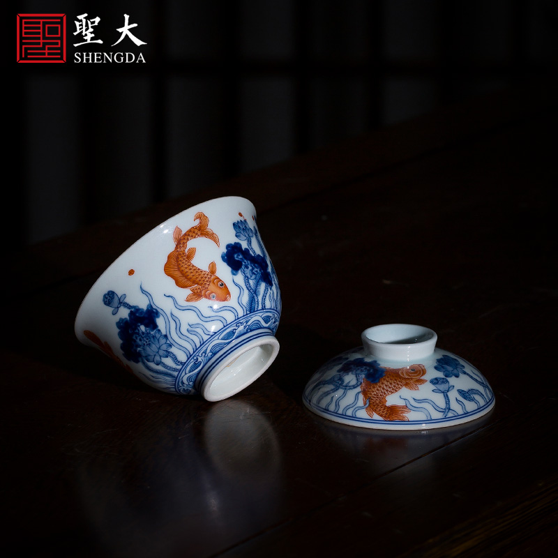 St large ceramic three tureen blue vitriol color red lotus left le figure no riding tureen all hand of jingdezhen tea service