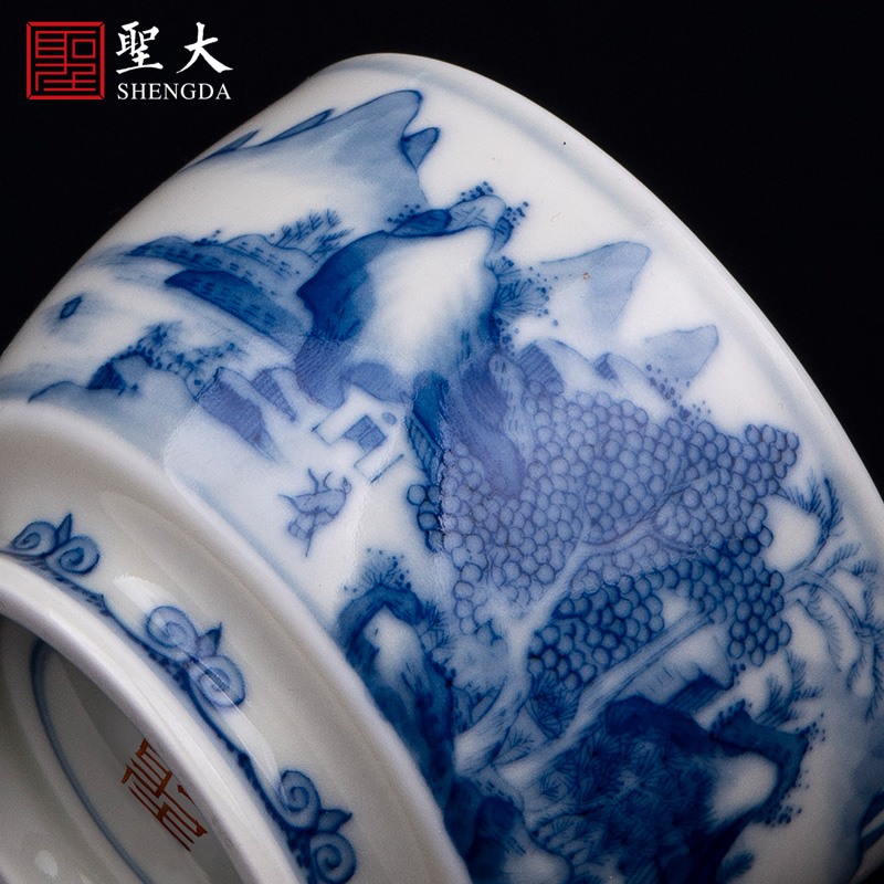 Holy big blue and white imitation kangxi landscape best CPU, jingdezhen ceramic manual hand - made tea sample tea cup kung fu tea cups