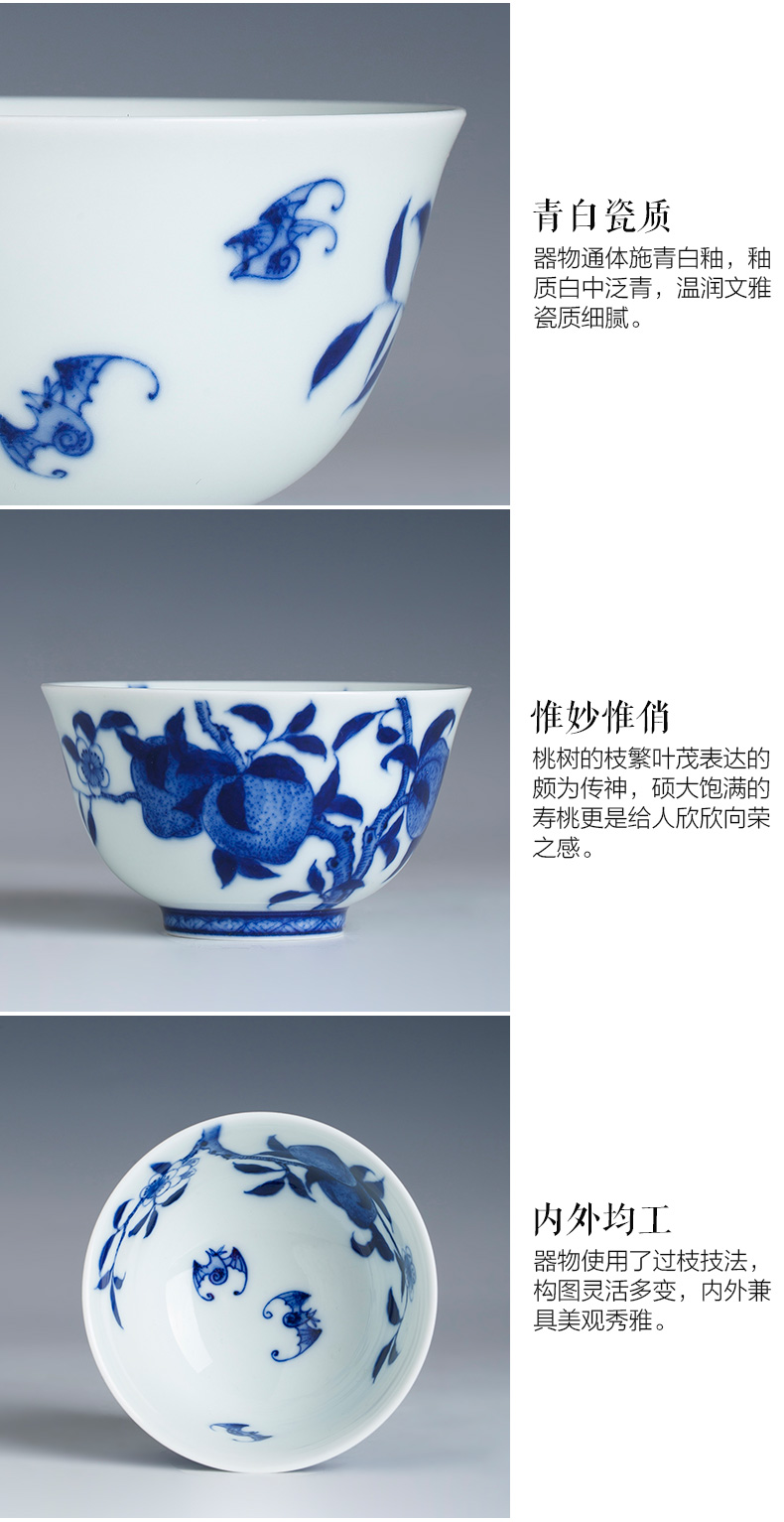 Holy big blue and white peach grain ceramic kunfu tea cup pure hand - made master cup sample tea cup all hand of jingdezhen tea service