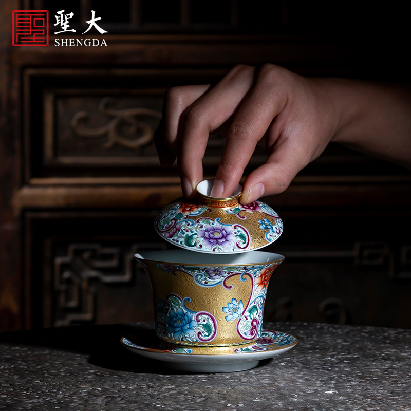 Holy big three to tureen hand - made ceramic colored enamel heap gold flower grain tureen tea bowl of jingdezhen tea service by hand