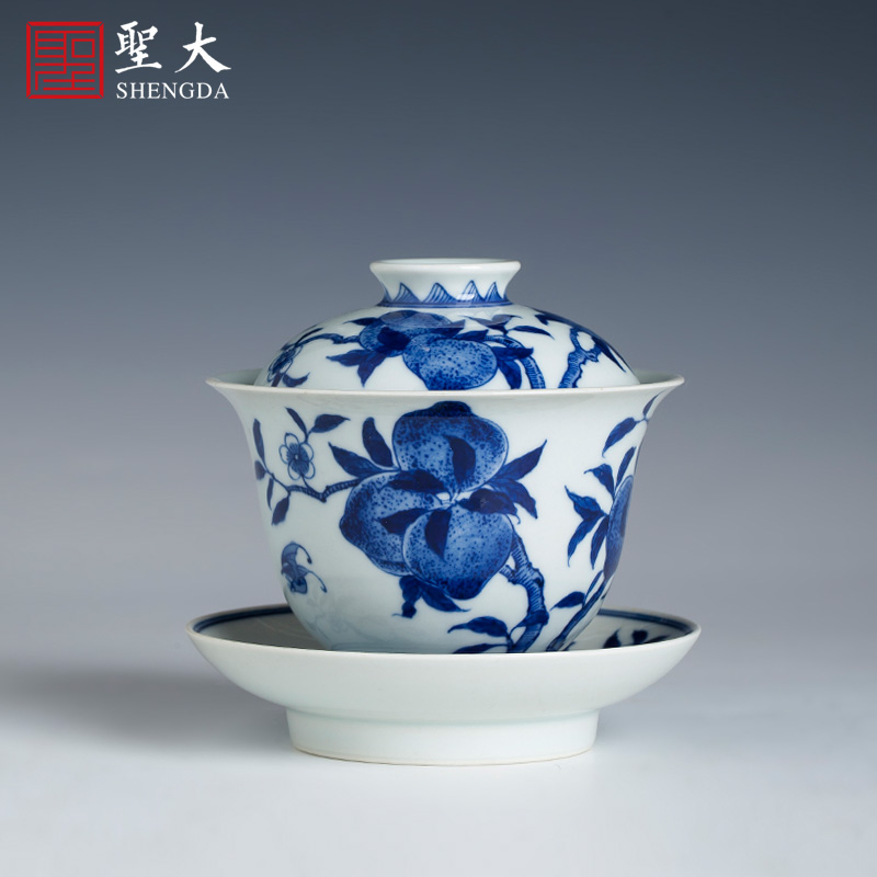 St large ceramic three tureen cup pure blue and white peach hand - drawn lines tureen tea bowl of jingdezhen kung fu tea set