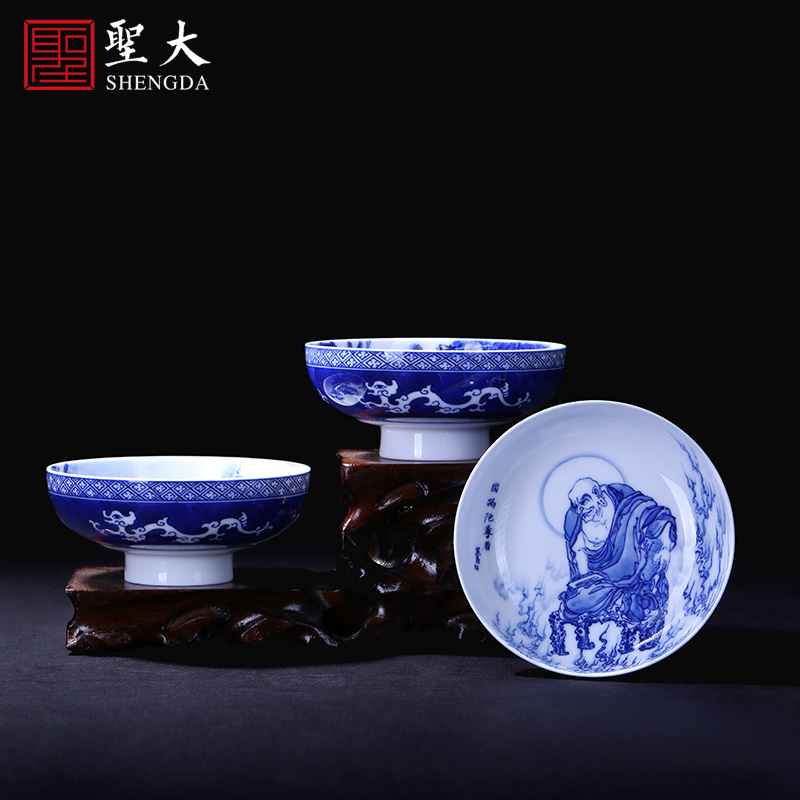 The big blue and white 18 arhats teacups hand - made ceramic curios kung fu master of jingdezhen tea service sample tea cup