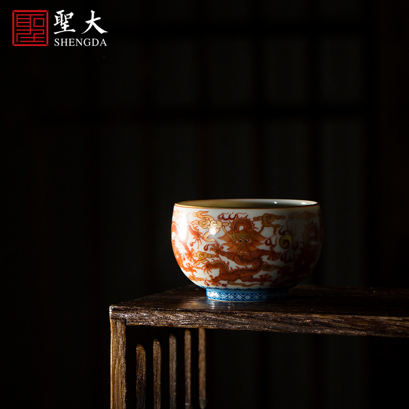 Holy big ceramic curios kung fu masters cup heavy hand - made alum cups red paint wulong grain drum abdomen cup of jingdezhen