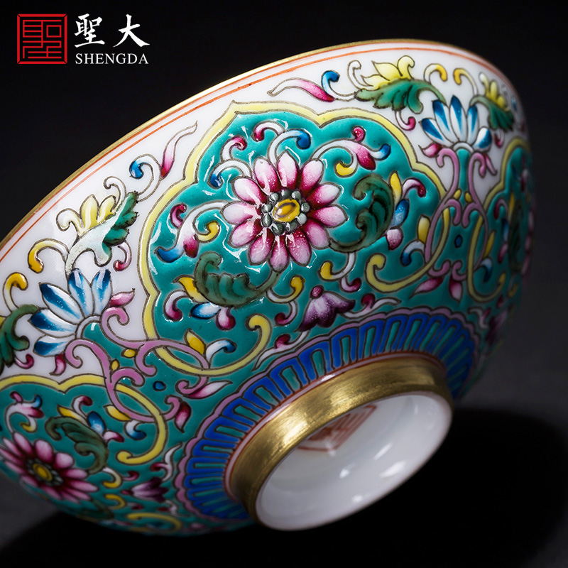 Holy big ceramic kung fu tea tea colored enamel ruyi flower grain blue and white landscape, jingdezhen tea masters cup