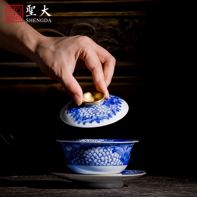 The large ceramic three tureen teacups hand - made LianYun make tea bowl full of blue and white porcelain of jingdezhen kung fu tea set by hand