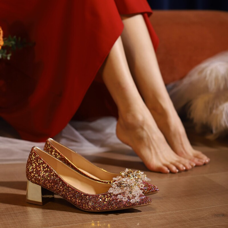 Wedding Shoes, Xiuhe Dress, Wedding Dress, Two-Wear Crystal Shoes, Bridal Shoes, Women's Red Pointed-Toe High Heels, Thick Heels, Comfortable Shoes Wedding Shoes, Xiuhe Dress, Wedding Dress, Two-Wear Crystal Shoes, Bridal Shoes, Women's Red Pointed-Toe High Heels, Thick Heels, Comfortable Shoes
