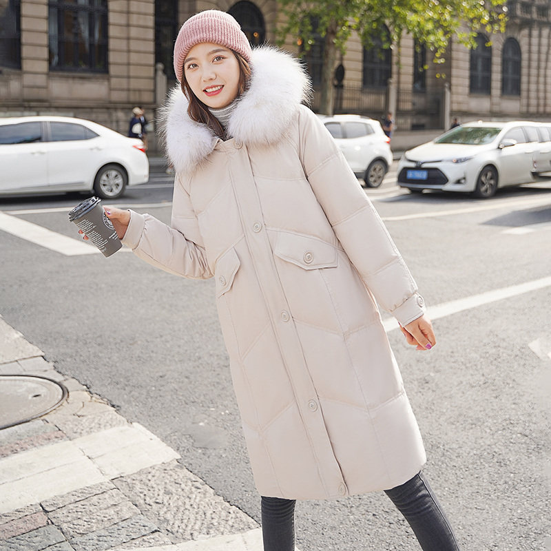 White duck suede down jacket for female Korean version casual winter jacket with long version of fox large hair collar loose