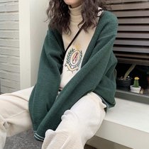 Eleven stone retro style walk up stitching color A word retro sweater womens autumn and winter loose Joker sweater jacket