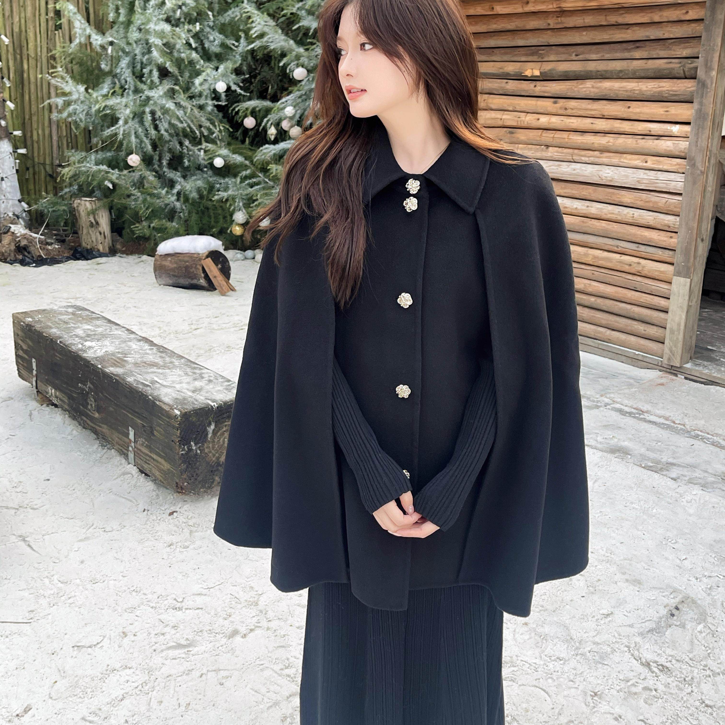 A sophisticated, high-class college girl style cape-style double-sided cashmere cloak coat with a black shawl, perfect for winter.