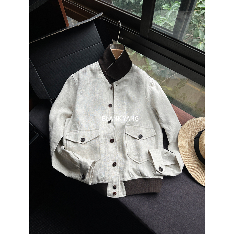 Team Yang- "Linen Brown Green" Lapel Contrast Color Linen Jacket Gentleman Old Money Style Men's 10010