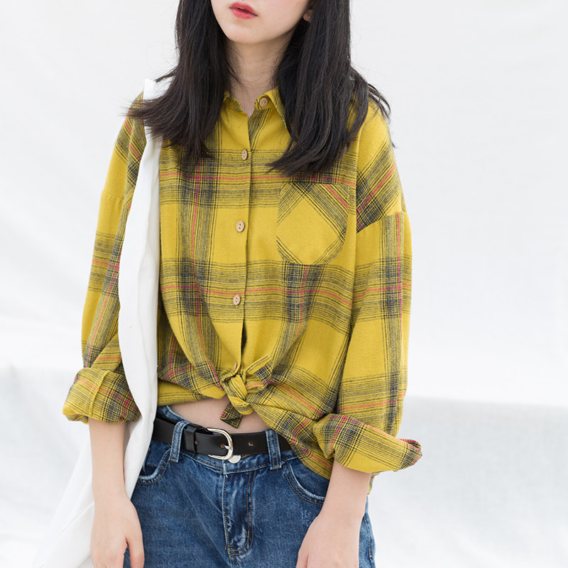 suin2022 autumn new small man literary casual loose fit plaid long-sleeved shirt lady's shirt 8369
