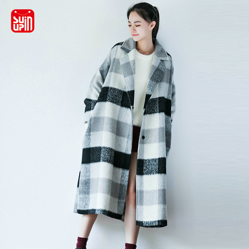SUIN2020 autumn and winter new literary loose BF long-sleeved temperament black and white grid long version woolen coat women