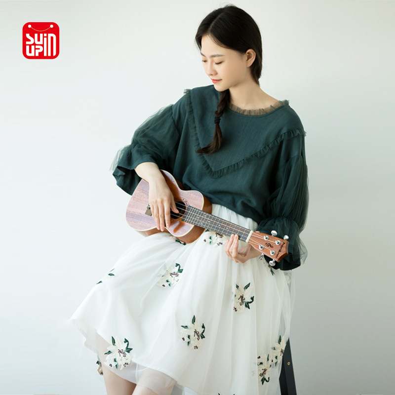 SUIN2023 spring and summer new literature and art loose hemp sweet seven-point puff sleeves round neck yarn wood ear T-shirt top women