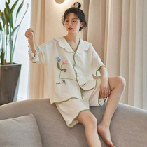 Short-sleeved pajamas summer womens pure cotton thin girls 2022 new woven cotton net red style home wear spring and summer