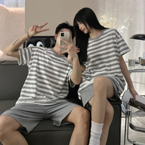 Striped pajamas couple set one man and one woman summer thin short sleeve cotton 2022 new summer homewear