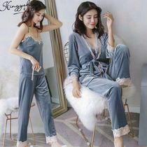 Three-piece set of pajamas womens spring and autumn plus size 2022 new gold velvet sexy lace suspender fall winter homewear