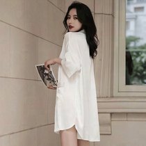 Boyfriend wind pajamas womens white shirt summer ice silk thin style 2022 new sexy silk nightdress female high sense