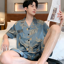 Premium Sense Pajamas Mens Summer Ice Silk 2022 New Short Sleeve Thin Mens Silk Loungewear Set
