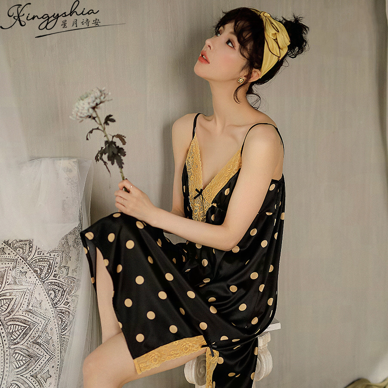 Ice Silk Sleeping Dress Women's Summer Net Red Pops Lace Sexy Harnesses Real Silk Sleepwear Senior Sensation Woman 2022 New