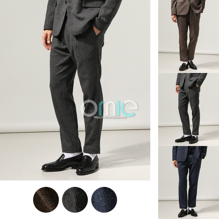 JS Thick warm wool blend tweed single pleated EASY drawstring waist tapered small feet nine-point pants