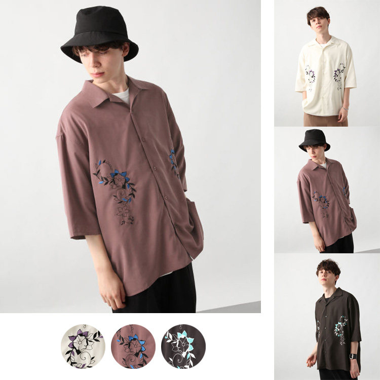 Popularity H-brand soft slip Smooth Flower Tuvine Embroidered OVERSIE Falling Shoulders Loose profile Cuban collar shirt