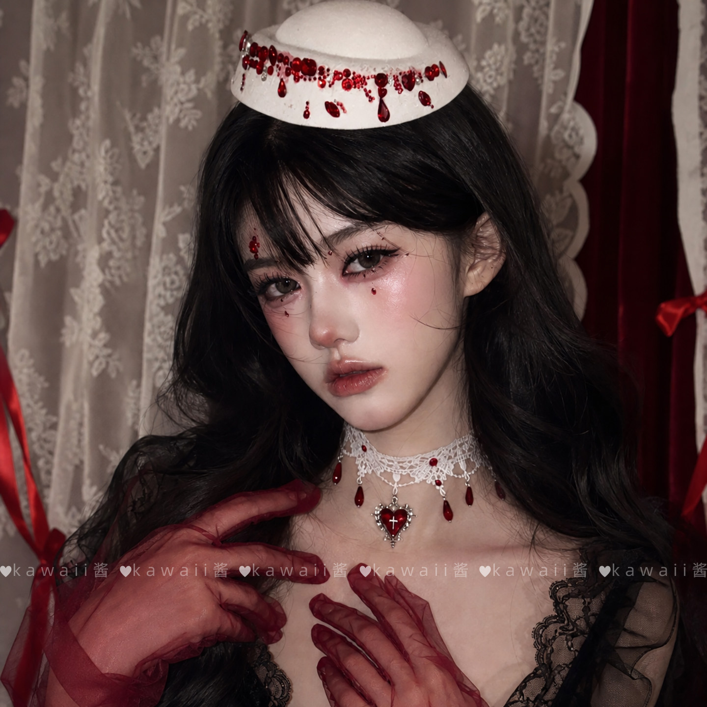 Halloween cosplay outfit with blood drop red diamond hat, dark gothic style, white lace necklace, and other accessories.