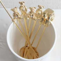 Imported stainless steel gold-plated bear coffee spoon snack fork afternoon tea long stirring spoon creative cute