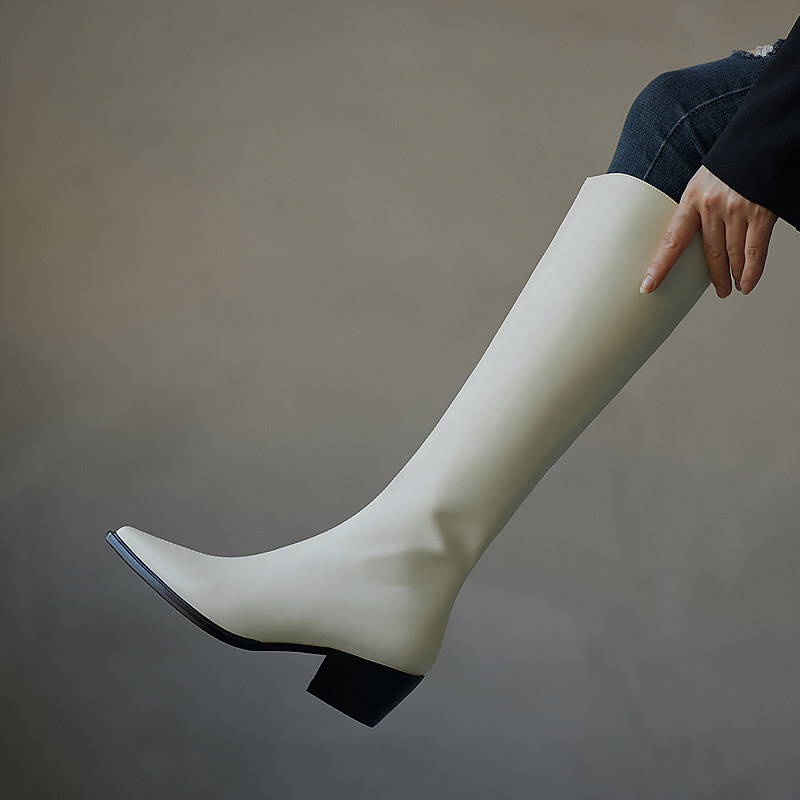 YCF big brand same style thick heel riding boots women's 2022 autumn and winter thin leather pointed toe mid-heel high boots women