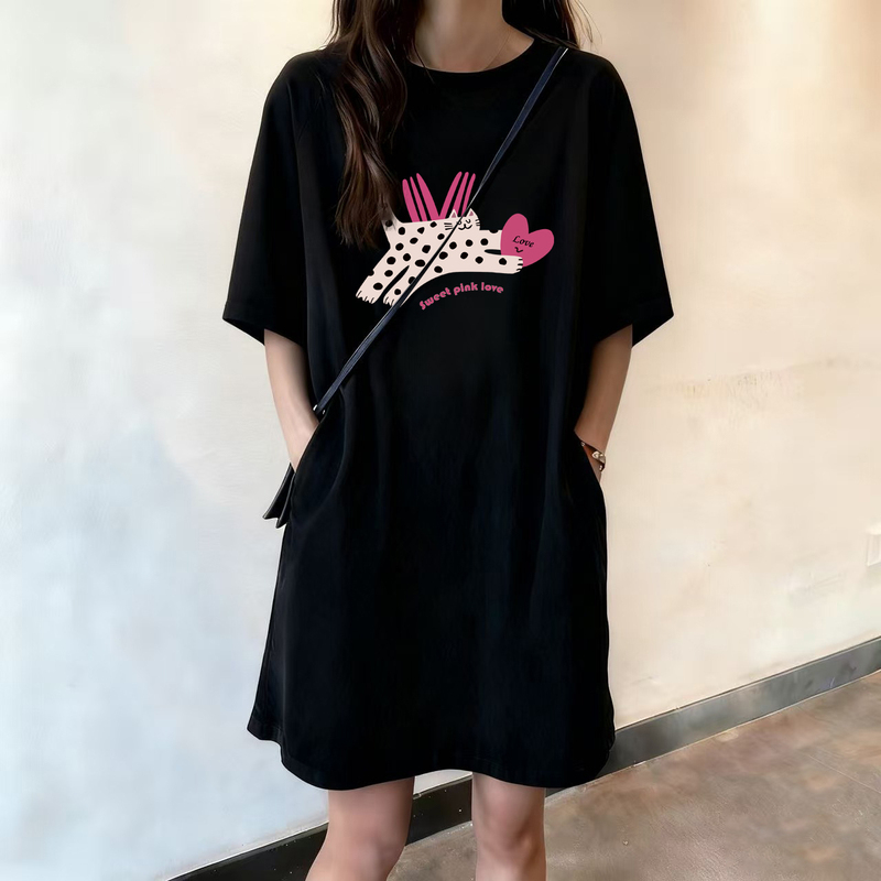 European and American Style Loose Long Short-Sleeved T-Shirt for Women, Casual Pocket Large Size Mid-Length T-Shirt Dress, 2026 Spring and Summer New Style