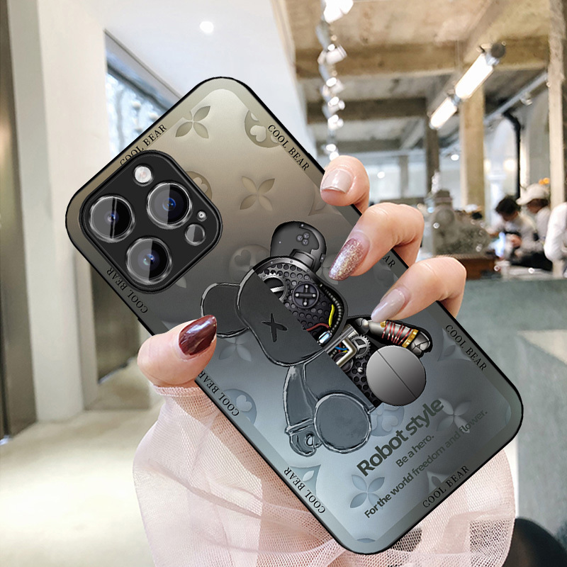 Dazzling Black Mechanical Bear Phone Case for Apple 14, New iPhone 15 Pro Max Model, Full Protection Anti-Drop for 13, Trendy Brand for 15 Pro, Matte Purple High-End Feel for 12, Niche Design for 11, Couple Style for 15 Ultra