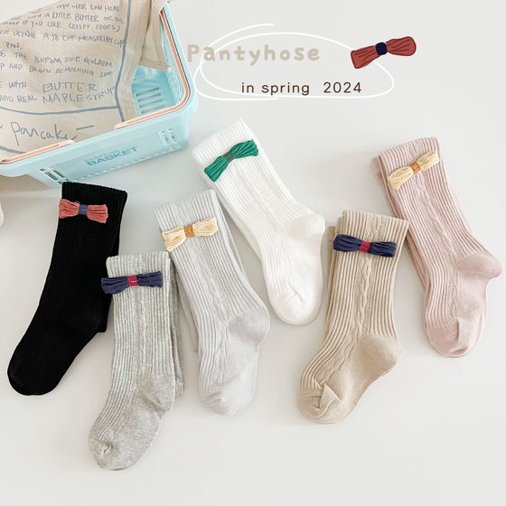 儿童打底裤春秋棉女童连裤袜韩系洋气蝴蝶结宝宝白色外穿打底袜